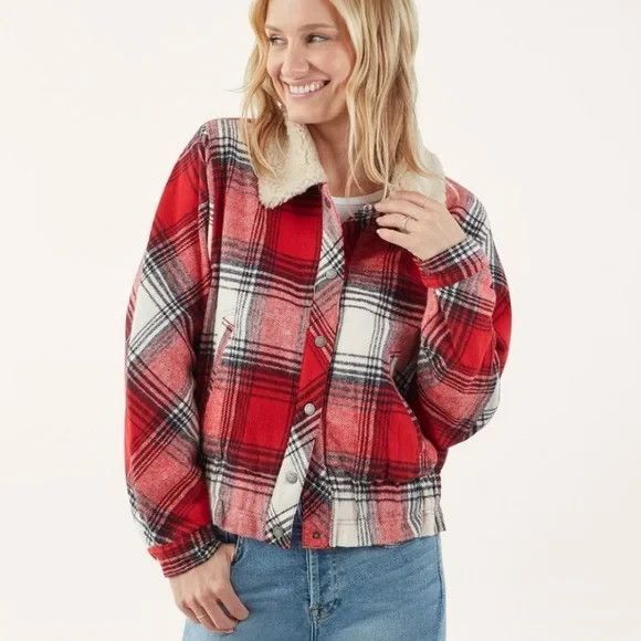 Splendid Bomber Jacket Red Plaid Flannel Fleece-Lined Collar Snap Button Elastic - Picture 7 of 10